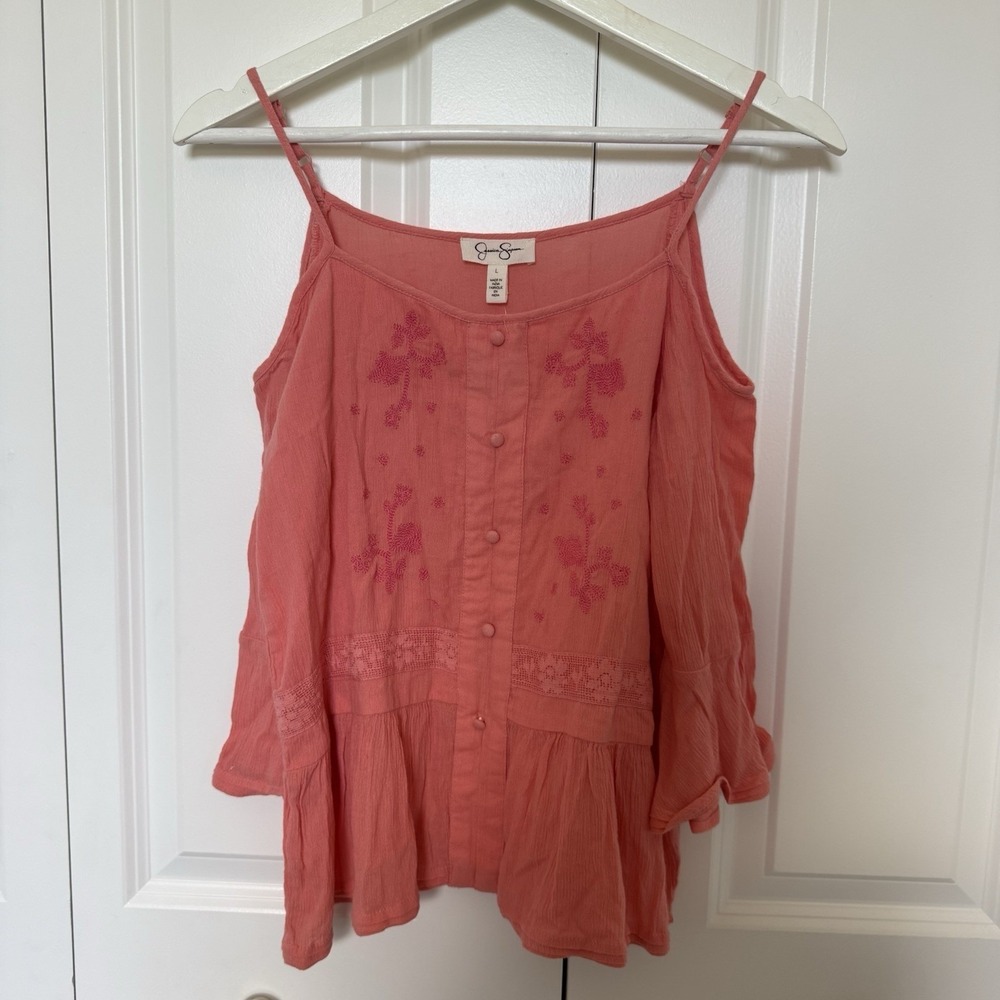 NWT Jessica Simpson Dianara Top Sz L Salmon Embroidered Bell Sleeve Boho Summer